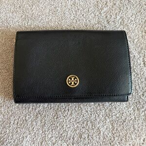 Tory Burch Black Leather Clutch with Gold Emblem